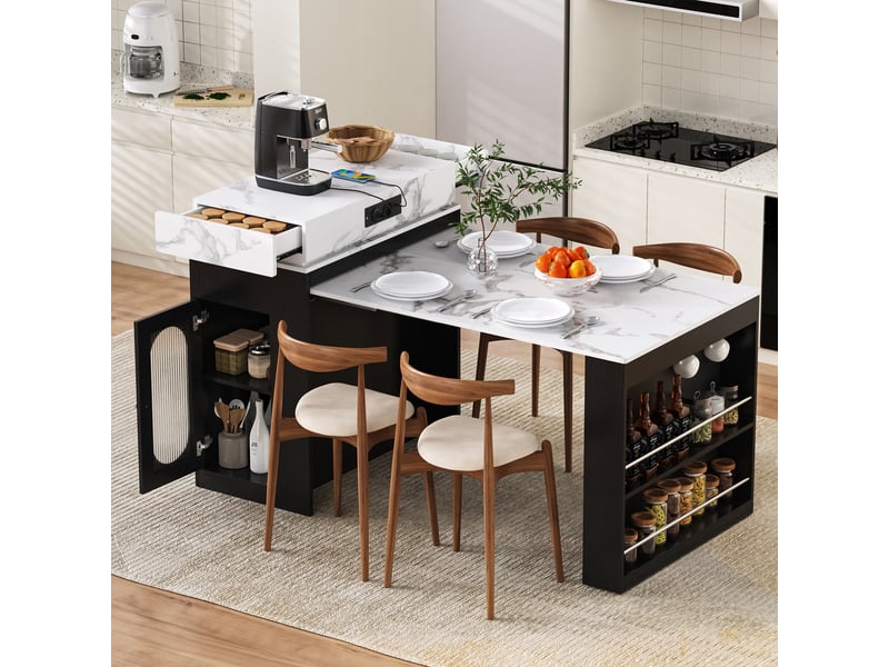  Îlot de cuisine extensible à roulettes avec prises et rangement noir  - Conforama C