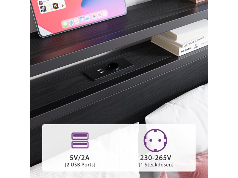  Lit coffre, lit double 140x200 cm, tête de lit avec rangement, led, usb, métal et bois noir  - Conforama W