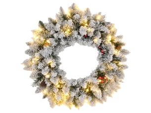 Couronne de noël porte artificielle 60 cm avec pommes de pin et grappes de baies, lumières led et minuterie vert