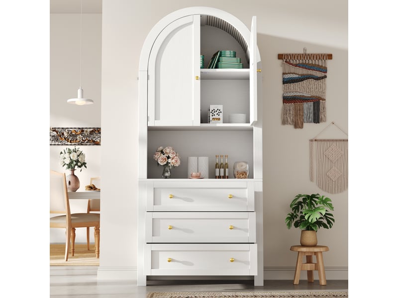  Meuble de cuisine muvano, buffet haut blanc à sommet arrondi, 3 tiroirs, 70 × 35 × 180 cm  - Conforama D