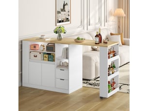 Îlot de cuisine moderne et multifonctionnel avec plateau extensible, 115 cm, rangements ouverts sur 3 côtés, 2 tiroirs, coin café et table à manger extensible en bois blanc