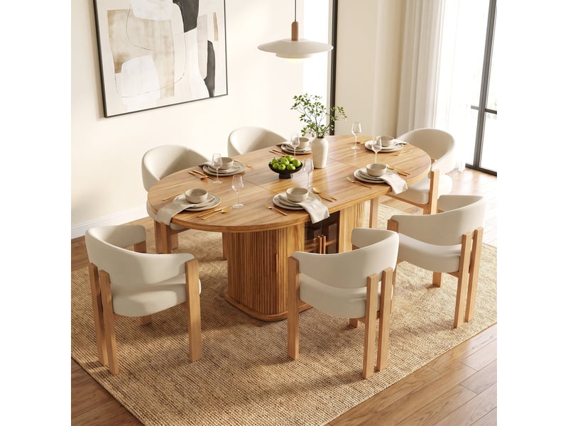  Ensemble table extensible 160200 x 90 cm + 6 chaises ergonomiques rembourrées, aspect bois, coins arrondis, plateau épaissi  - Conforama R