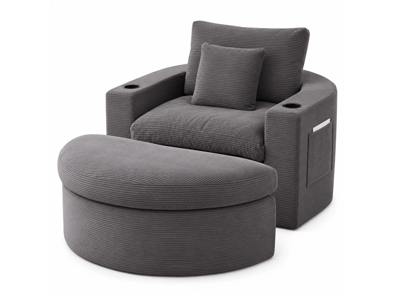  Fauteuil lounge xxl 156 x 136 x 88 cm avec pouf, rangement, porte-gobelet et double coussin, velours côtelé, mousse et ressorts, gris OMNIGLINT TRADING LTD - Conforama A