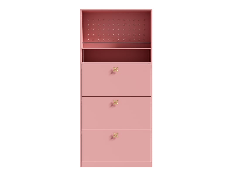  Meuble à chaussures oslo rose 80x24x178,5 cm, 3 abattants, étagères ouvertes &amp; poignées dorées  - Conforama A