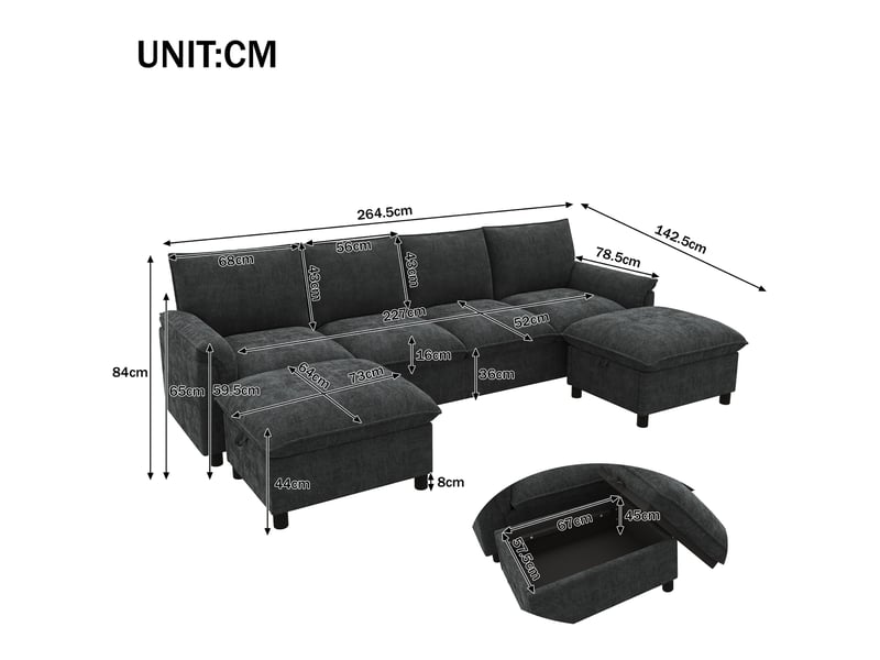 Canapé d’angle en u 4 places 264,5x142,5x84 cm modulable effet nuage avec assise profonde, 2 poufs mobiles et dossier haut, chenille, noir Sol Morn - Conforama C