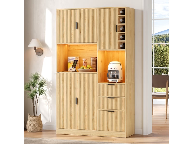 Buffet haut de cuisine 105x40x180 cm avec casier à vin, 3 tiroirs, led via appli, 2 prises, usb et usb-c, étagères réglables, effet bois naturel - Conforama B