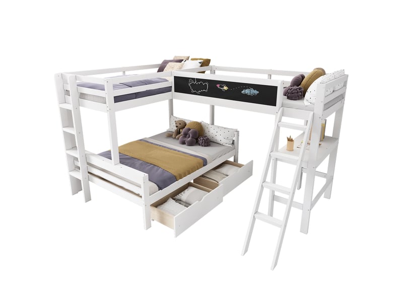  Lit enfant 90140x200cm,lit superposé triple en pin avec tableau noir,bureau,échelle et garde-corps,blanc lit enfant blanc - Conforama A