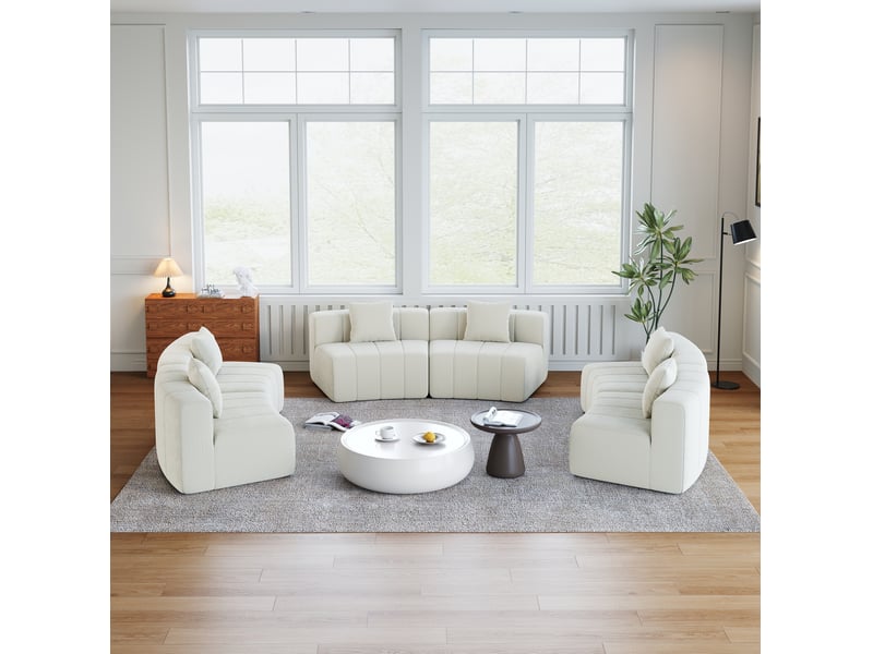 Canapé modulaire semi-circulaire 6 places avec 2 coussins, assise style touches de piano en chenille beige - Conforama E