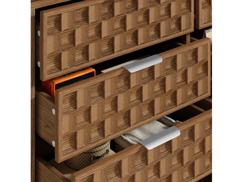  Commode à  6 tiroirs décor chêne 120 x 37 x 77 cm, motif gaufre chocolat, poignées en métal  - Conforama E