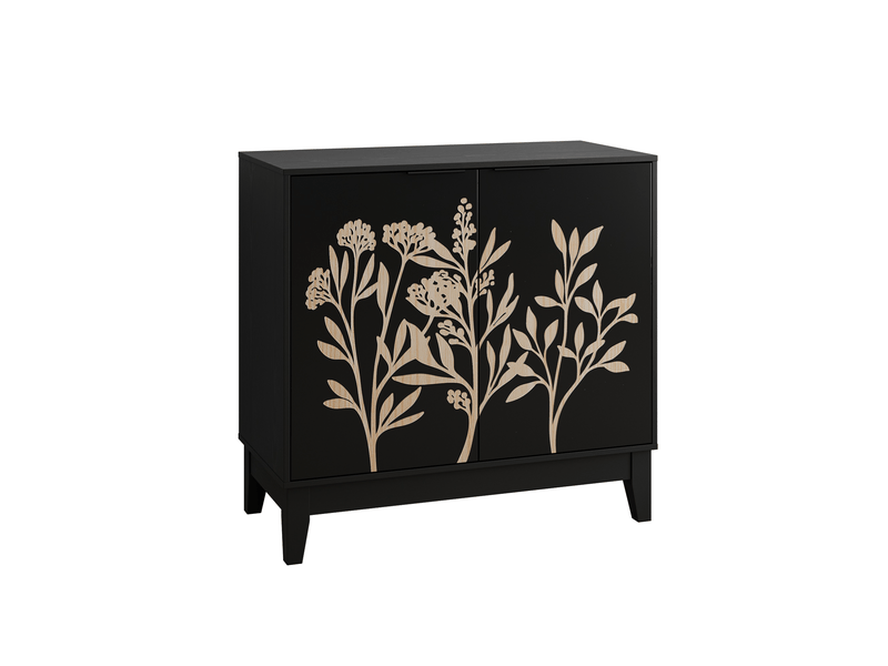  Buffet de rangement 80x38x76 cm, avec 2 portes à motif floral, pour salon, cuisine, salle à manger, mdf noir, élégant  - Conforama A