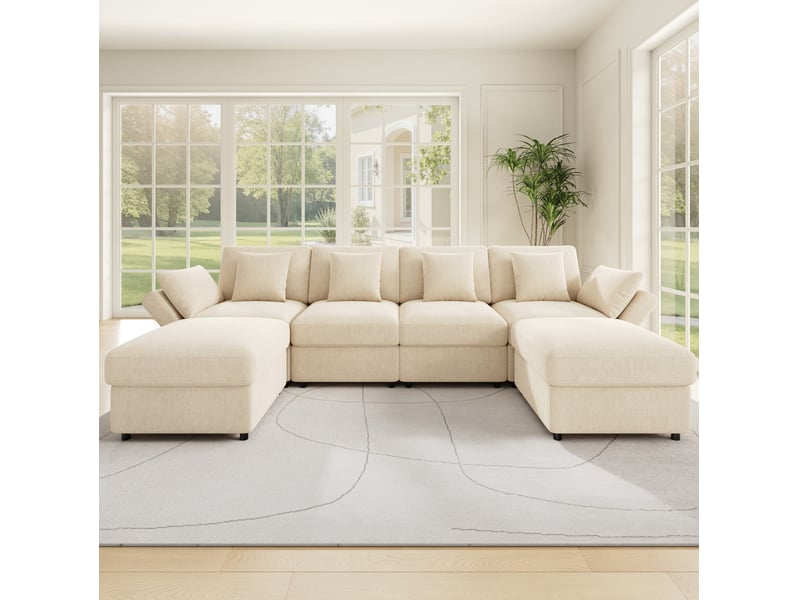  Canapé modulable ulevr 6 places avec 2 poufs, accoudoirs réglables, configuration u ou l, 284 x 156,5 x 86 cm, chenille beige  - Conforama D