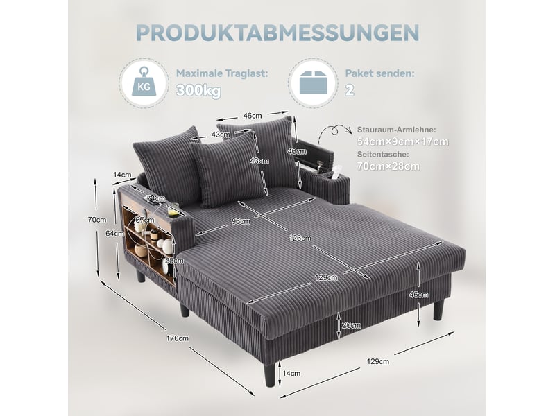  Chaise longue fixe 1 place en velours côtelé gris foncé avec led, usb, rangement et porte-gobelets latéraux  - Conforama C