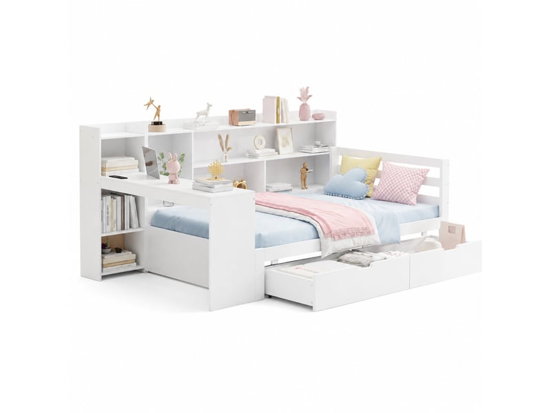  Lit banquette 90x200 cm en bois, lit simple avec bureau, 2 tiroirs, étagères et usb, matelas non précisé, blanc  - Conforama A