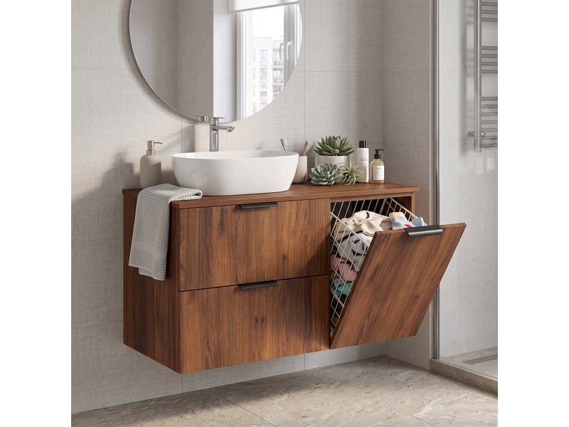  Meuble sous vasque suspendu avec panier à linge luna effet noyer warmia 100 cm  - Conforama W