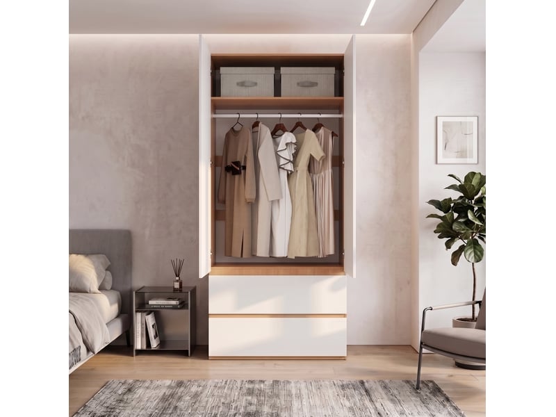  Armoire tcqpz 2 portes 90 x 50 x 200 cm avec penderie 2 tiroirs et rangement supérieur blanc effet chêne  - Conforama E