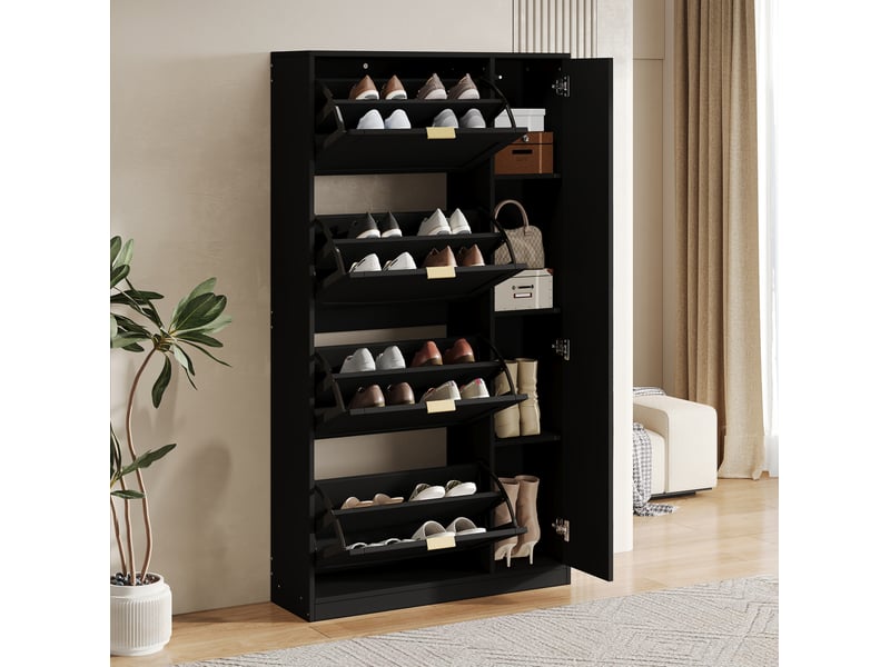 Meuble à chaussures avec miroir, 4 compartiments pliants et étagère réglable pour entrée, noir, 80 × 147 × 24 cm - Conforama D