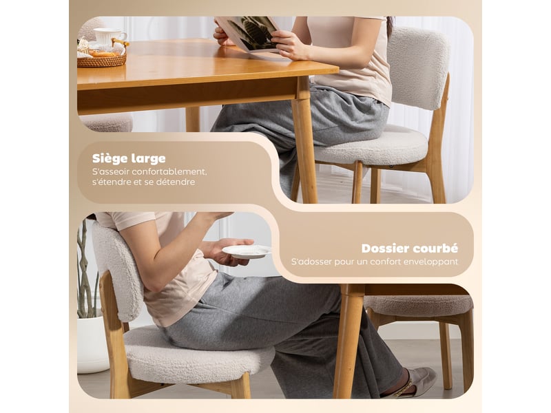  Lot de 2 chaises de salle à manger, chaises de cuisine rembourrées, pieds en bois d'hévéa, 46,5 x 52 x 80 cm, crème  - Conforama E