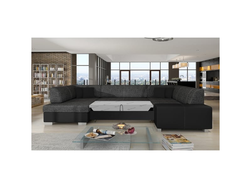  Canapé panoramique en u gris foncé &amp; noir convertible 6 places havane design géométrique  - Conforama D