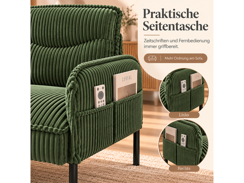  Fauteuil de salon - fauteuil 1 place en velours tricoté avec accoudoirs et poches latérales, 69 x 73 x 83 cm, vert  - Conforama E