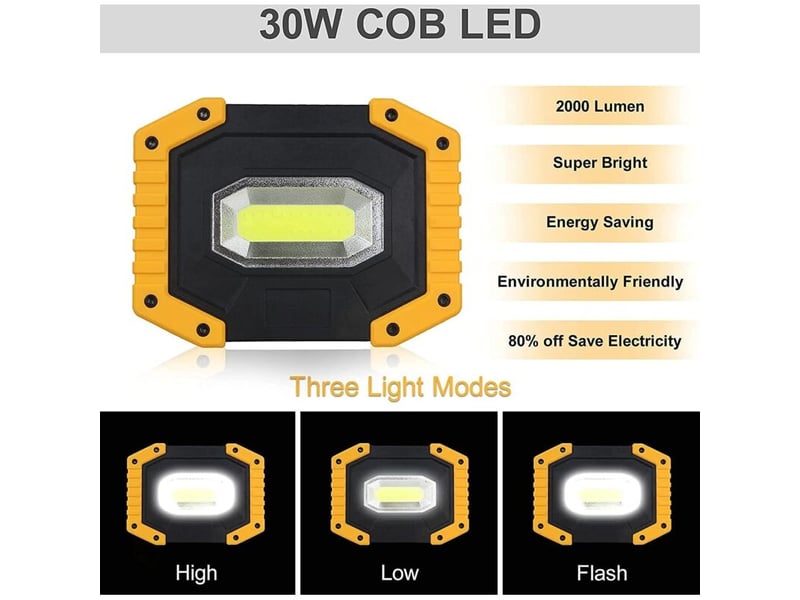 Projecteur led rechargeable 30 w 2000 lumens – étanche – trois modes d'éclairage, noir HRC0000143TBY - Conforama C
