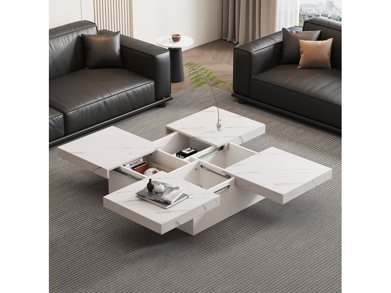  Table basse carrée 90 x 90 x 25 cm plateau coulissant effet marbre 4 tiroirs charge 30 kg panneaux particules blanc  - Conforama E