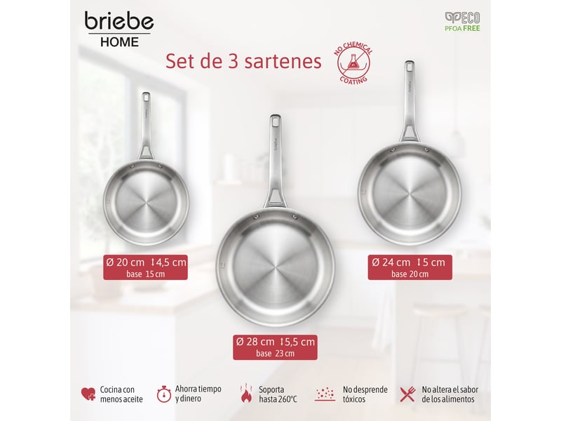 Lot 3 poêles acier inox induction tri-ply sans revêtement antiadhésif 20-24-28cm, briebe, fp1214s3, , inox - Conforama D