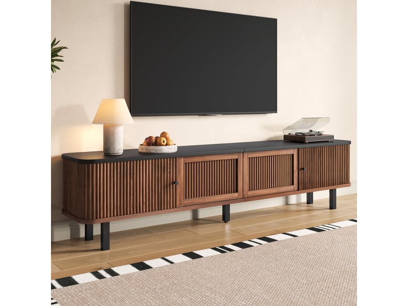 Meuble tv noyer 190 cm avec portes coulissantes et grillagées, meuble tv bas salon design moderne  - Conforama R