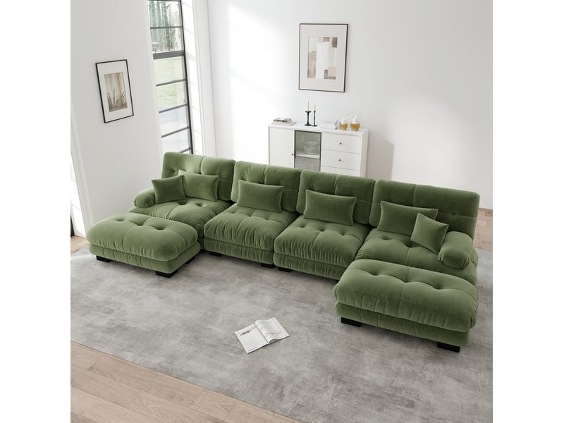 Canapé modulable 4 places en chenille vert avec ottomans mobiles - Conforama B