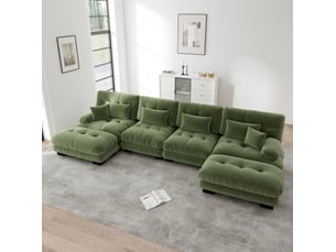 Canapé modulable 4 places en chenille vert avec ottomans mobiles