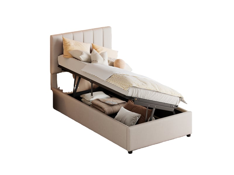  Lit coffre 90x200 cm - lit simple avec coffre intégré -  en lin - sans matelas - beige  - Conforama A