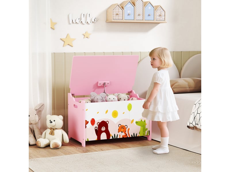  Coffre à jouets pour enfants, avec couvercle à charnières et poignées, motif animal, 60 x 37 x 39 cm, rose  - Conforama C
