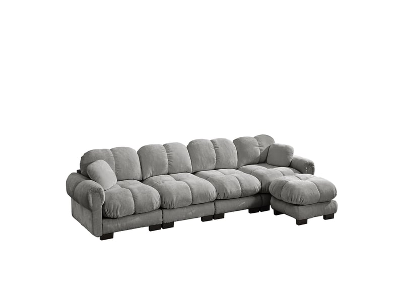  Canapé d'angle modulable 4 places avec ottomane mobile - lpospi - dossier courbé, chenille gris clair 330 × 149 × 90 cm  - Conforama A
