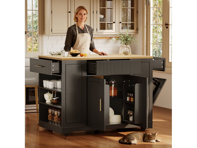 Îlot de cuisine mobile 120x50x92 cm, 2 portes, 3 tiroirs, noir et bois - Conforama D
