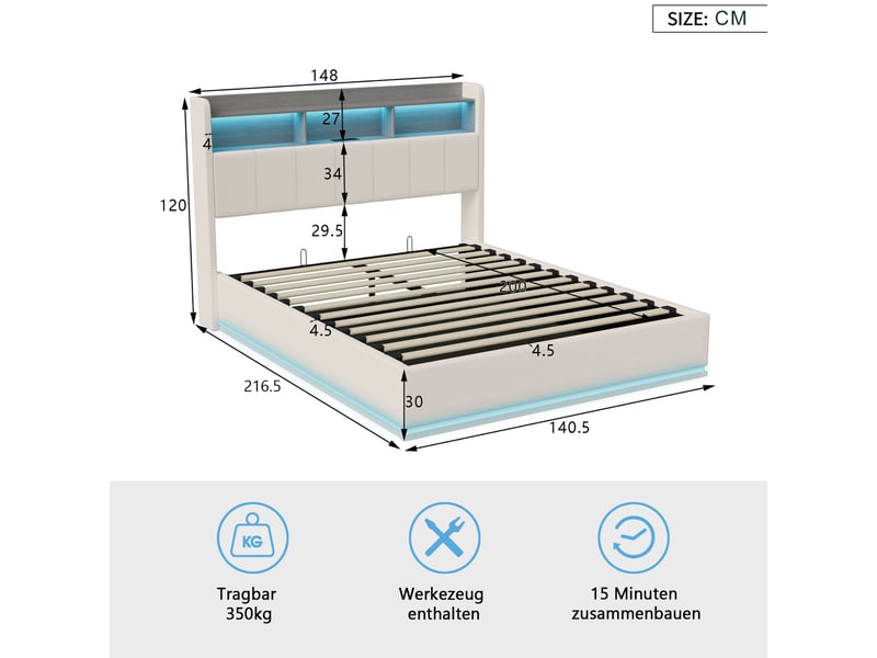  Lit coffre 2 places 140x200 cm, lit adulte avec rangement, 3 compartiments en tête de lit, led, velours beige  - Conforama D