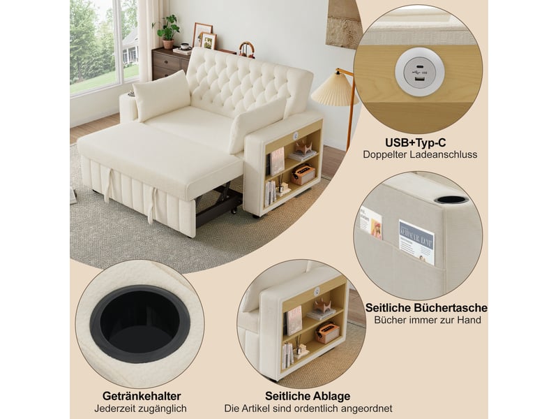 Canapé convertible 2 places avec dossier réglable, porte-gobelet, usb, étagère latérale, 2 coussins, tissu chenille - beige - Conforama E
