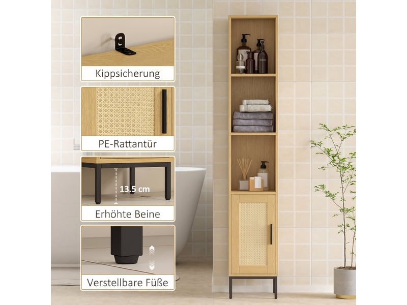  Meuble de salle de bain haut et étroit avec étagères ouvertes et réglables, finition effet bois naturel.  - Conforama E