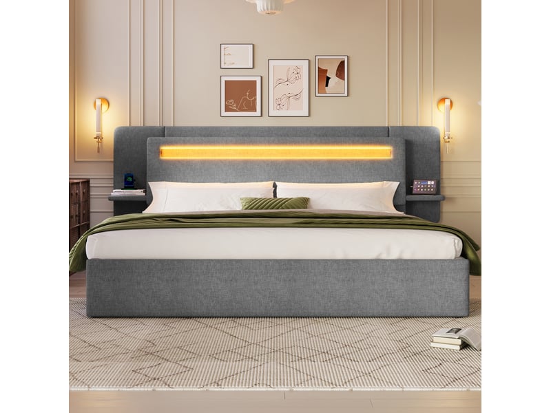  Lit double 180 × 200 cm avec coffre hydraulique, chevet intégré, port usb et led multicolore en lin gris, chambre  - Conforama B
