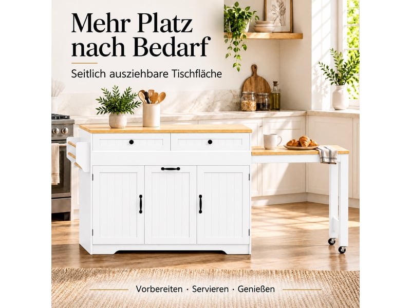 Îlot de cuisine avec plan de travail, desserte de cuisine indépendante à roulettes, 188.6 x 40 x 91 cm, blanc + naturel - Conforama E
