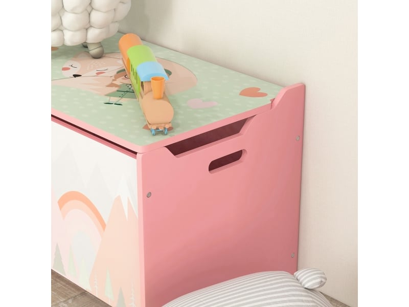 Coffre à jouets 60 x 37 x 39 cm rose en bois, couvercle avec charnière de sécurité, rangement pour enfant  - Conforama B