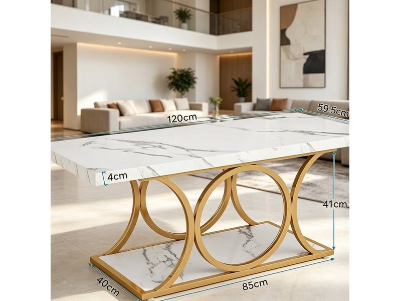  Table basse rectangulaire 2 niveaux blanche et dorée, effet marbre et métal, avec rangement pour le salon  - Conforama C