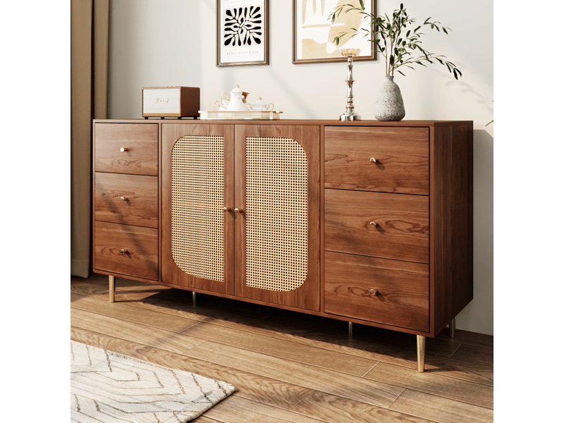  Buffet, porte en rotin synthétique, meuble de rangement avec tiroirs, salon, brun, 160 x 40 x 90 cm  - Conforama B