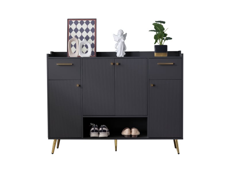  Meuble à chaussures noir, étagère à chaussures avec 2 tiroirs et 4 portes, pieds en métal pour le salon  - Conforama A