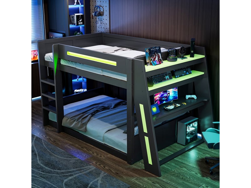  Lit superposé enfant gaming en bois 140x200 cm avec éclairage led, port usb et deux compartiments de rangement noir et vert OPULERANE TRADING LTD - Conforama D