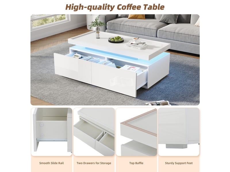  Table basse led avec 2 tiroirs et niche pour salon 95×45×35 cm en panneaux de particules blanc  - Conforama C