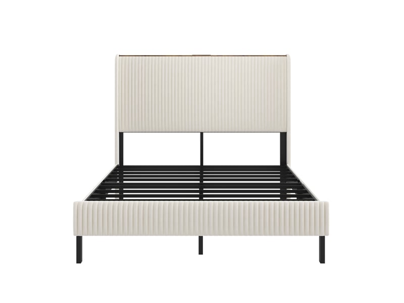  Lit adulte 180x200 cm en velours côtelé beige et crème avec tête de lit  - Conforama E