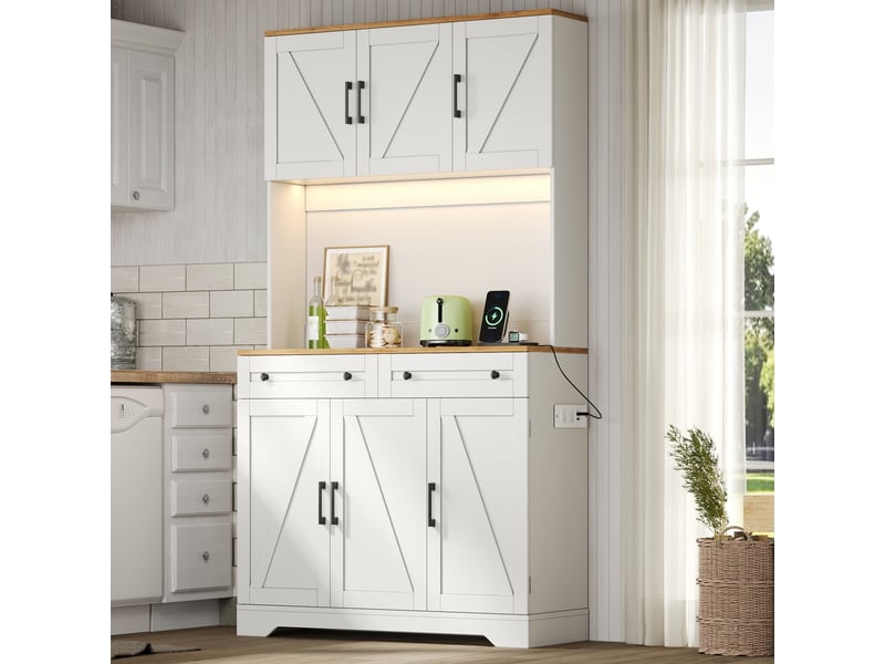  Armoire de cuisine haute 100x40x180 cm, meuble de rangement avec led rgb, prises électriques, portes de grange, naturel et blanc  - Conforama E