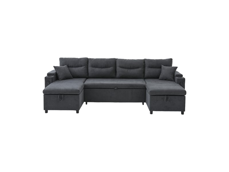  Canapé 4 places gris foncé 272 x 136 x 86 cm, double méridienne avec rangement, couchage, porte-gobelets et usb-c  - Conforama A