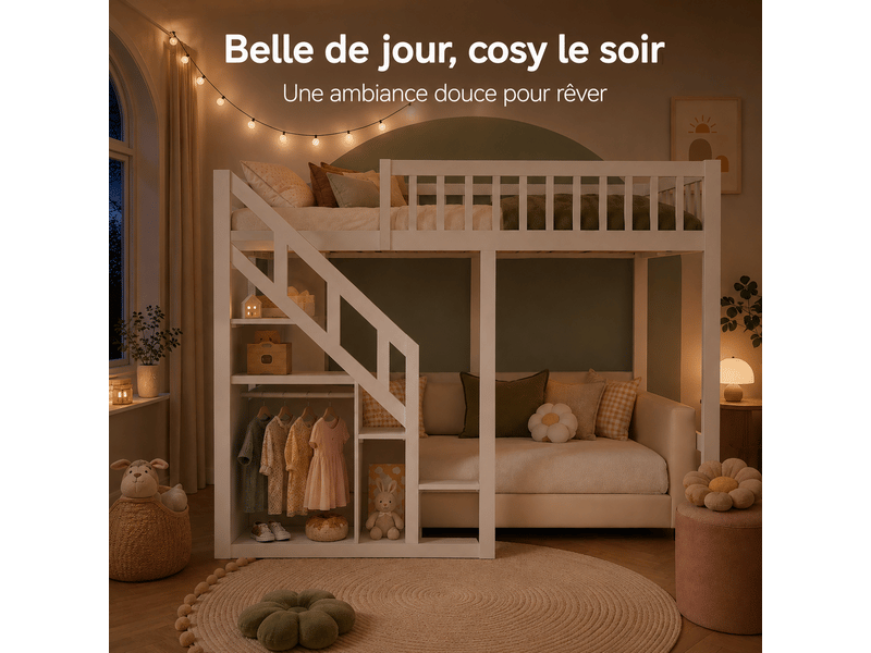 Lit mezzanine enfant pin 90x200, lit adulte loft avec échelle de rangement armoire étagères et sommiers à latte, barrière de sécurité, escalier rangement intégré, pin massif, lit superposé avec placard de rangement, protection … - Conforama C