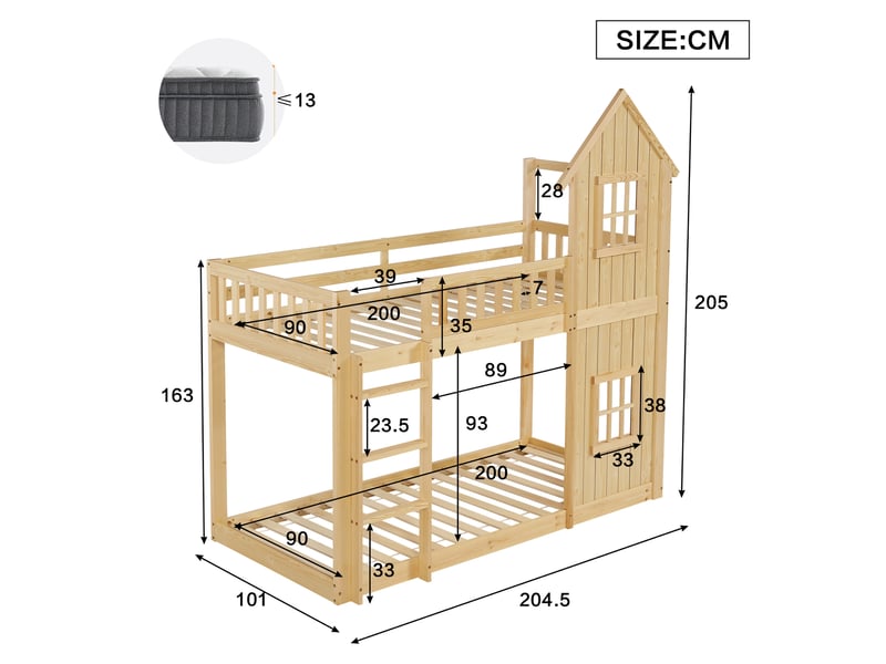  Lit superposé enfant 90x200 cm forme maison avec 2 fenêtres et escalier 3 marches, bois et mdf, naturel sans matelas  - Conforama C