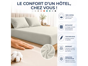 Drap housse 100% percale de coton 80 filscm² - grand bonnet 30 cm – fabrication européenne – doux, résistant – oeko-tex®